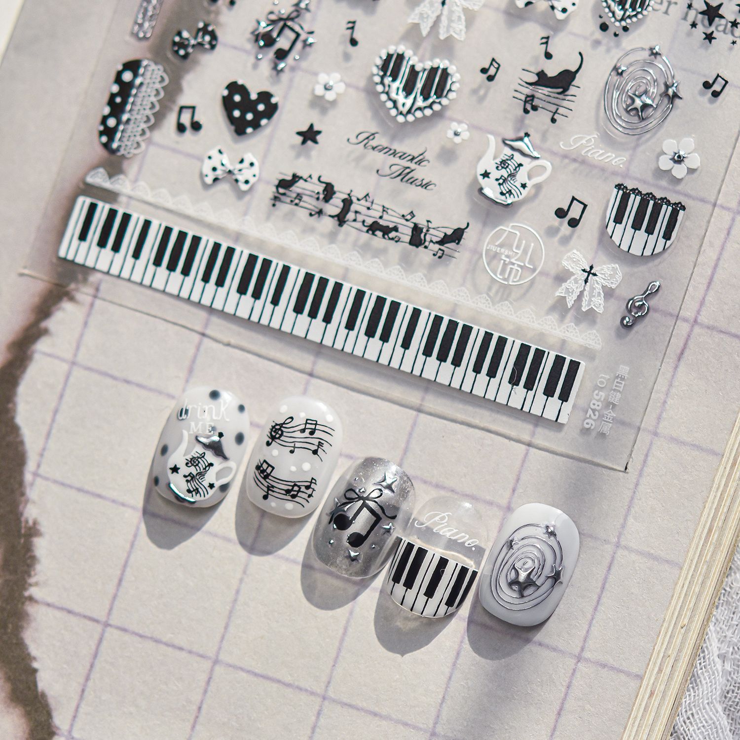 Musical Instrument Images - Autocollants pour ongles 5D, noir et